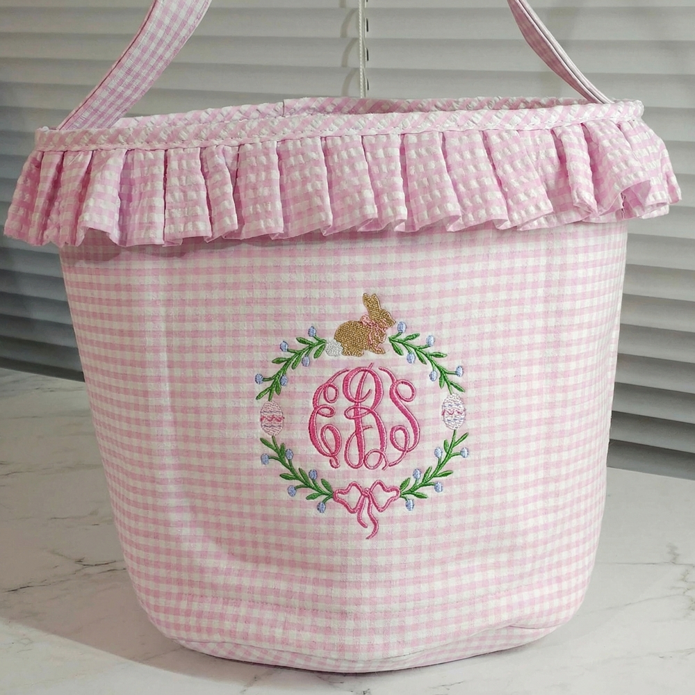 Personalized Embroidery Monogram Rabbit Floral Easter Basket with Ruffle, Easter Egg Hunt Basket, Seersucker Easter Goodie Bag, Easter Gift for Kids
