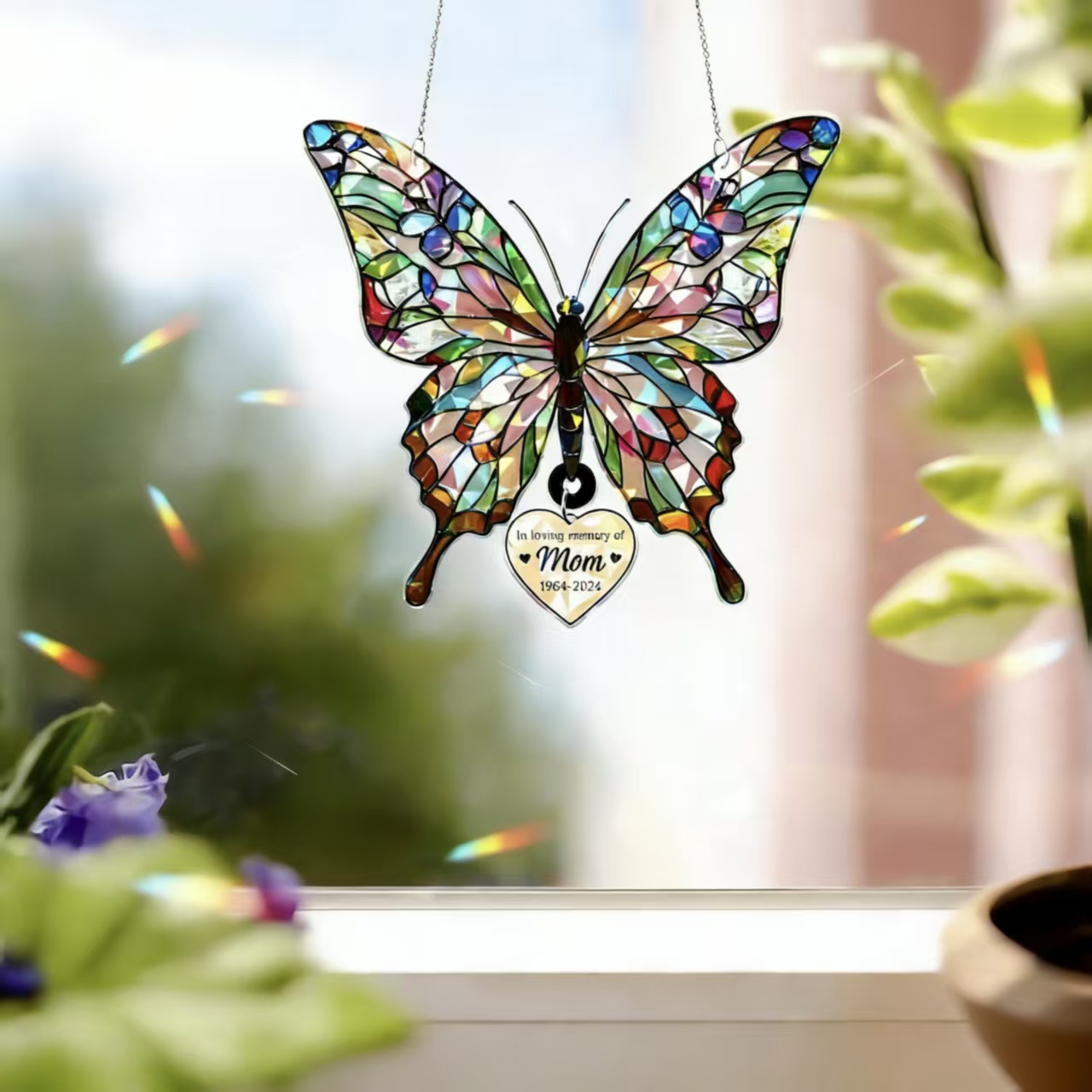 Gepersonaliseerde holografische vlinder raamhanger met hartvormig plaatje, gebrandschilderd gedenkornament voor het raam, woondecoratie, verjaardagscadeau voor moeder/familie