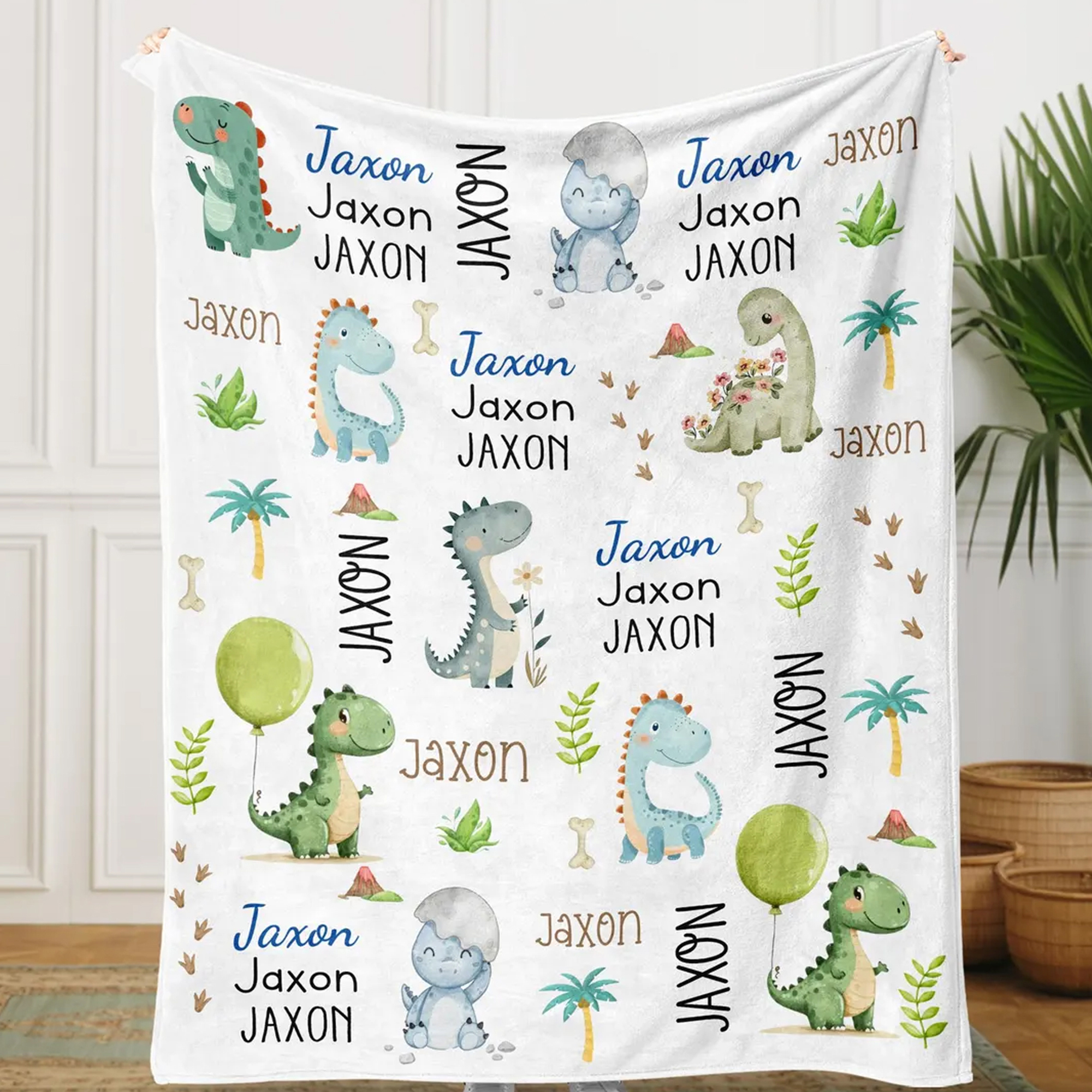 Custom Watercolor Dinosaur Baby Blanket with Name, Flannel/Sherpa Soft Bed Couch Throw, Nursery Decor, Baby Shower/Birthday Gift for Newborns/Kids