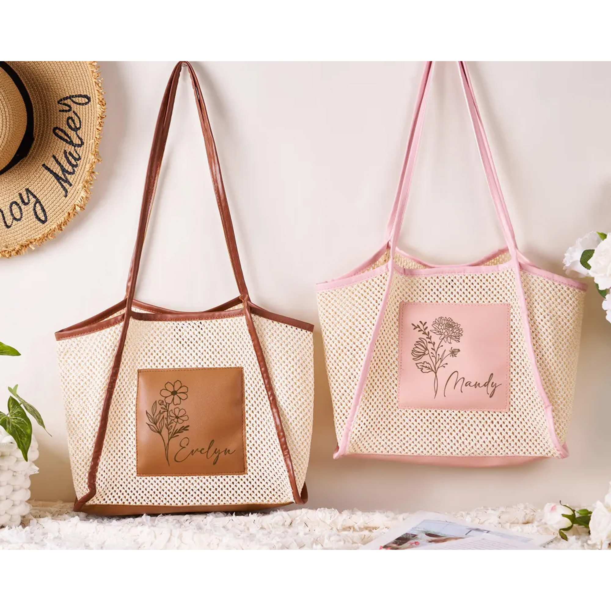 Personalized Name & Birth Flower Beach Woven Bag for Girls' Trip, Bridesmaid Summer Travel Tote, Bachelorette Party Favor, Gift for Besties/Friends
