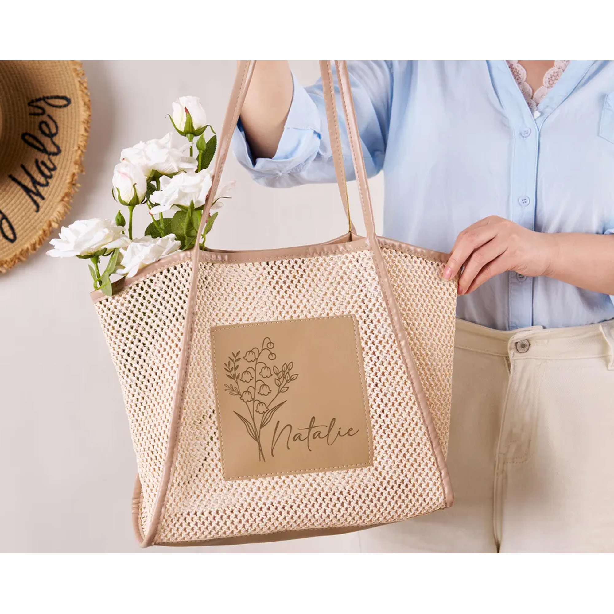 Personalized Name & Birth Flower Beach Woven Bag for Girls' Trip, Bridesmaid Summer Travel Tote, Bachelorette Party Favor, Gift for Besties/Friends