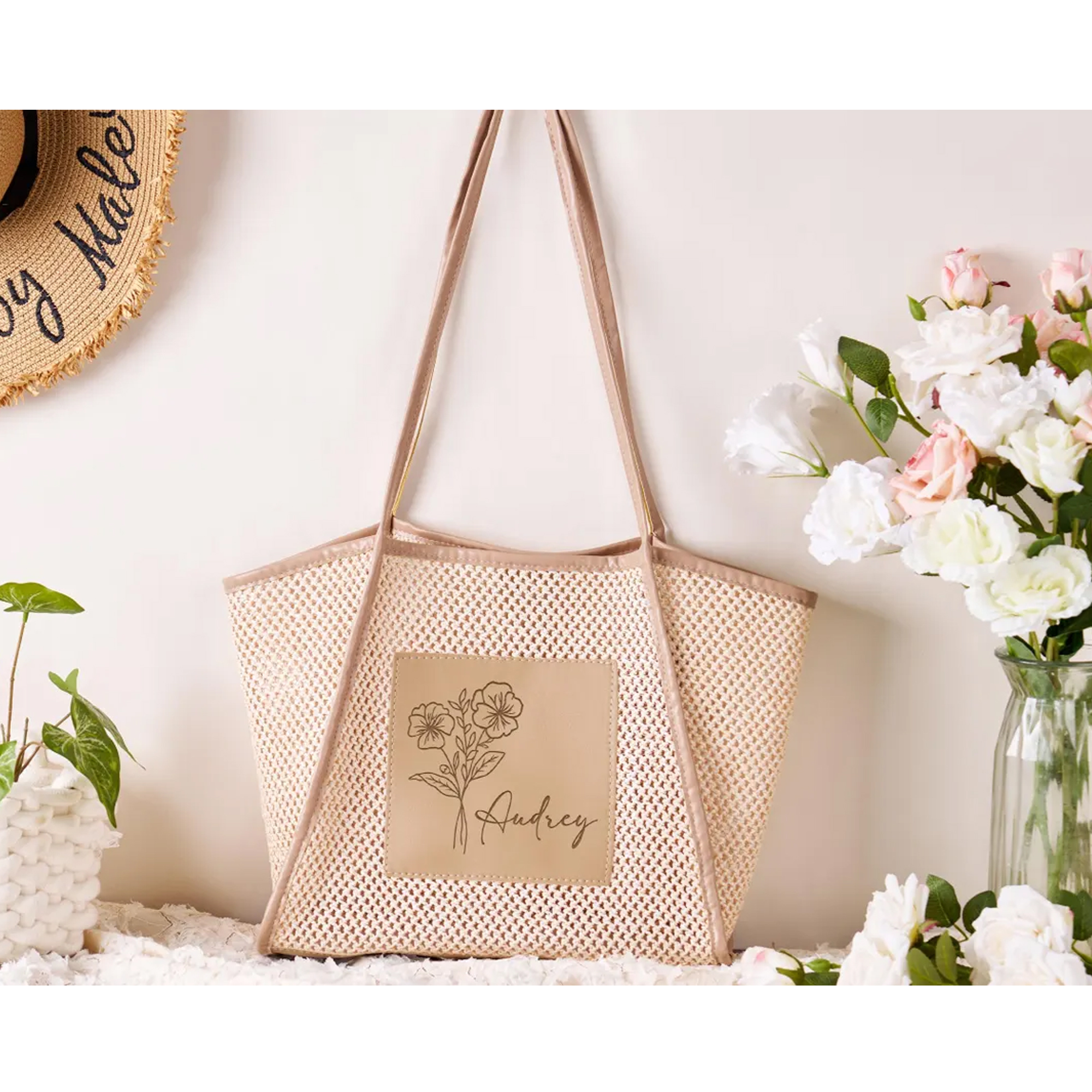 Personalized Name & Birth Flower Beach Woven Bag for Girls' Trip, Bridesmaid Summer Travel Tote, Bachelorette Party Favor, Gift for Besties/Friends