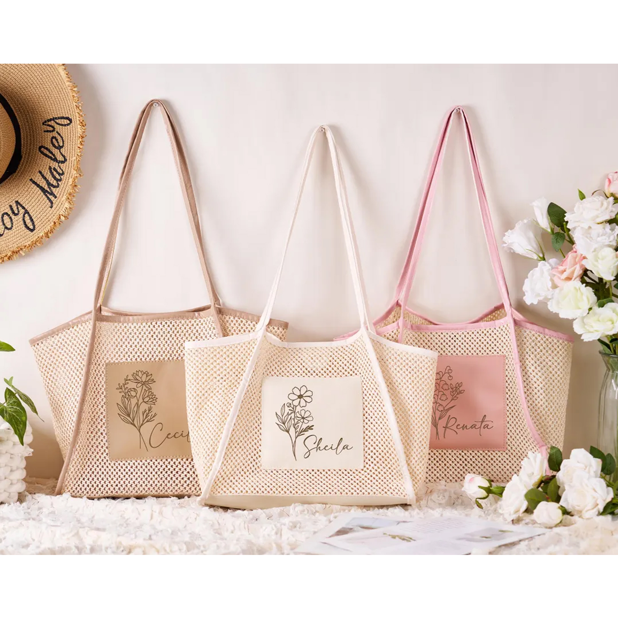 Personalized Name & Birth Flower Beach Woven Bag for Girls' Trip, Bridesmaid Summer Travel Tote, Bachelorette Party Favor, Gift for Besties/Friends