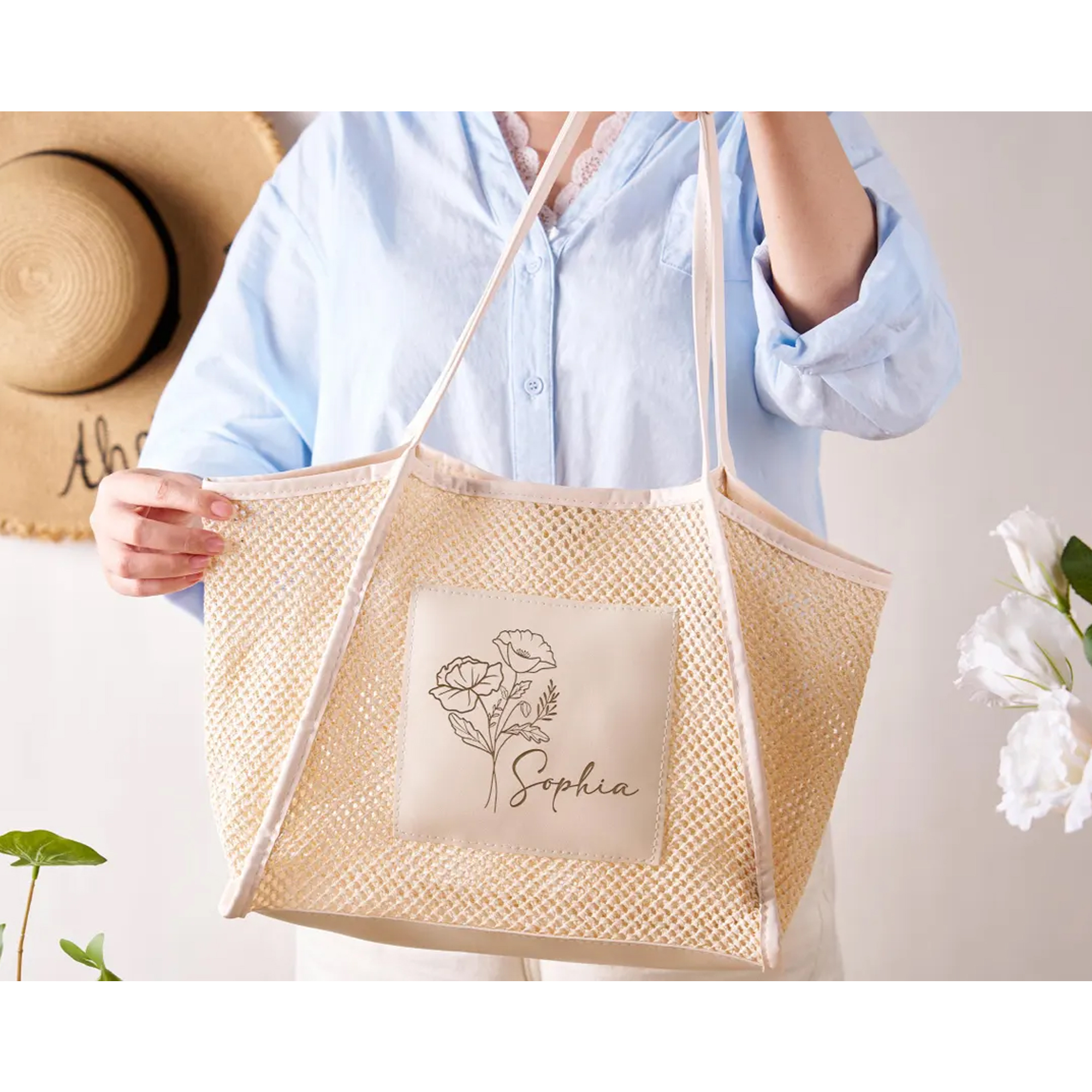 Personalized Name & Birth Flower Beach Woven Bag for Girls' Trip, Bridesmaid Summer Travel Tote, Bachelorette Party Favor, Gift for Besties/Friends