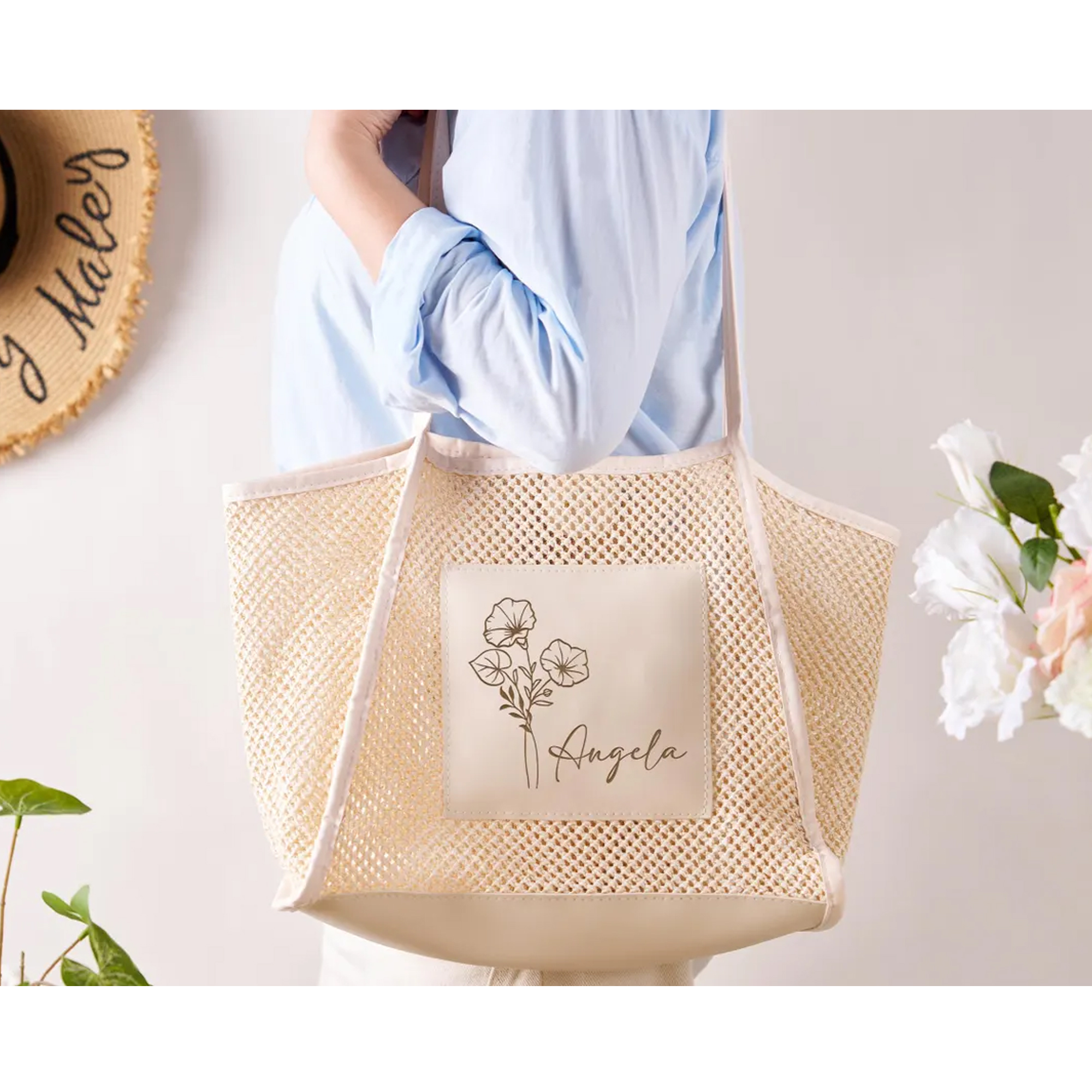Personalized Name & Birth Flower Beach Woven Bag for Girls' Trip, Bridesmaid Summer Travel Tote, Bachelorette Party Favor, Gift for Besties/Friends
