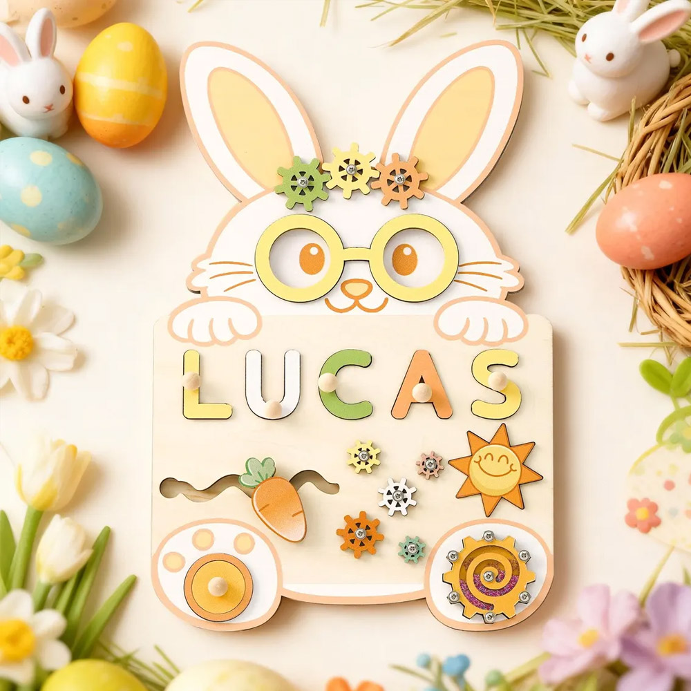 Custom Easter Baby Name Bunny Puzzle Board, Wooden Montessori Busy Toy, First Easter Keepsake, Party Favor, Easter/Birthday Gift for Kids/Toddlers