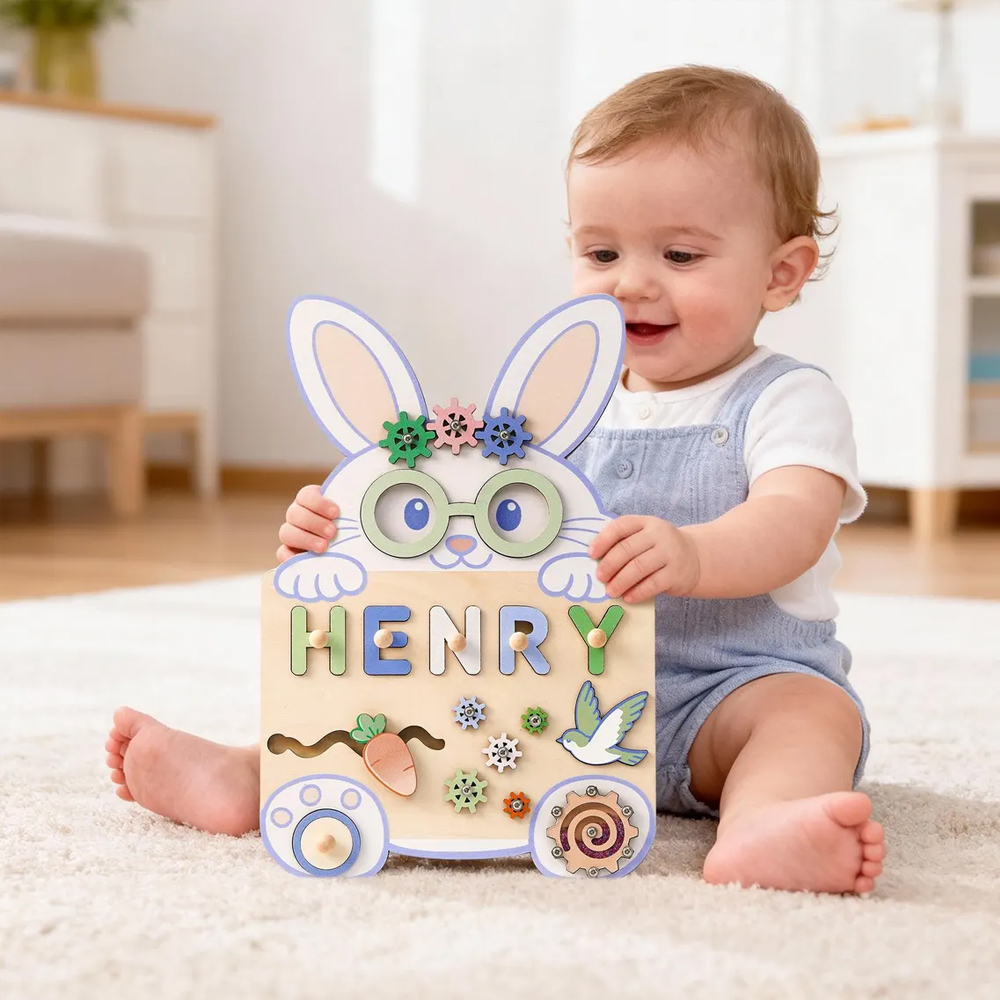 Custom Easter Baby Name Bunny Puzzle Board, Wooden Montessori Busy Toy, First Easter Keepsake, Party Favor, Easter/Birthday Gift for Kids/Toddlers