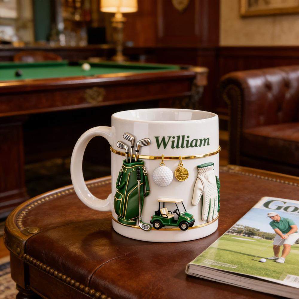 Personalized 3D Golf & Cart Theme Mug with Name, Ceramic Coffee Hot Cocoa Mug with Realistic Accessories, Birthday Gift for Golf Lovers/Dad/Him