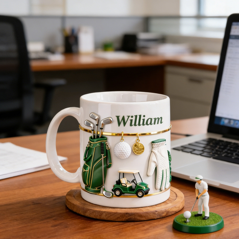 Personalized 3D Golf & Cart Theme Mug with Name, Ceramic Coffee Hot Cocoa Mug with Realistic Accessories, Birthday Gift for Golf Lovers/Dad/Him