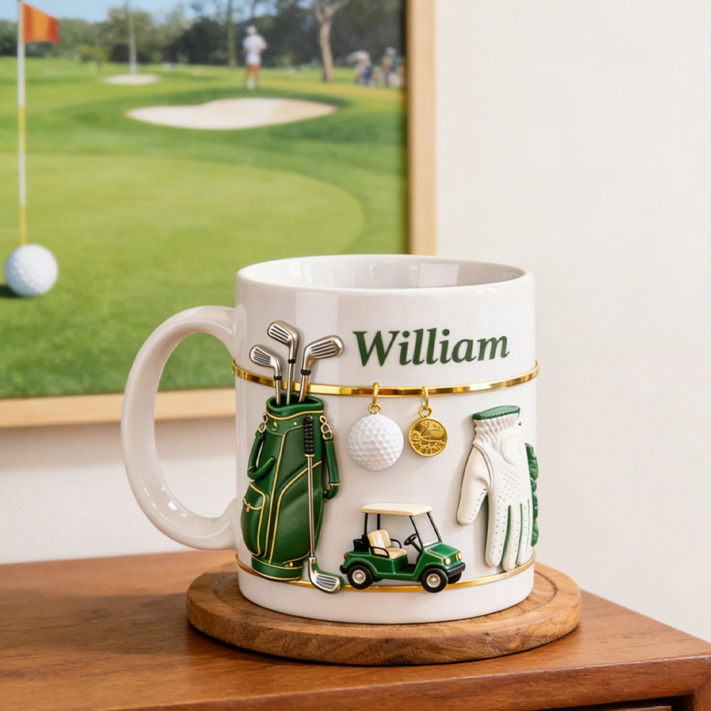 Personalized 3D Golf & Cart Theme Mug with Name, Ceramic Coffee Hot Cocoa Mug with Realistic Accessories, Birthday Gift for Golf Lovers/Dad/Him