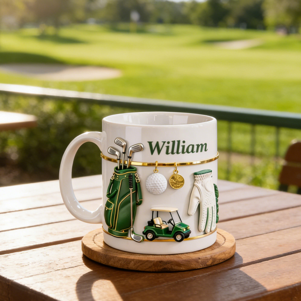 Personalized 3D Golf & Cart Theme Mug with Name, Ceramic Coffee Hot Cocoa Mug with Realistic Accessories, Birthday Gift for Golf Lovers/Dad/Him