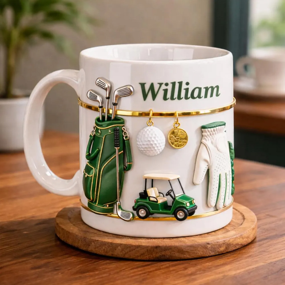 Personalized 3D Golf & Cart Theme Mug with Name, Ceramic Coffee Hot Cocoa Mug with Realistic Accessories, Birthday Gift for Golf Lovers/Dad/Him