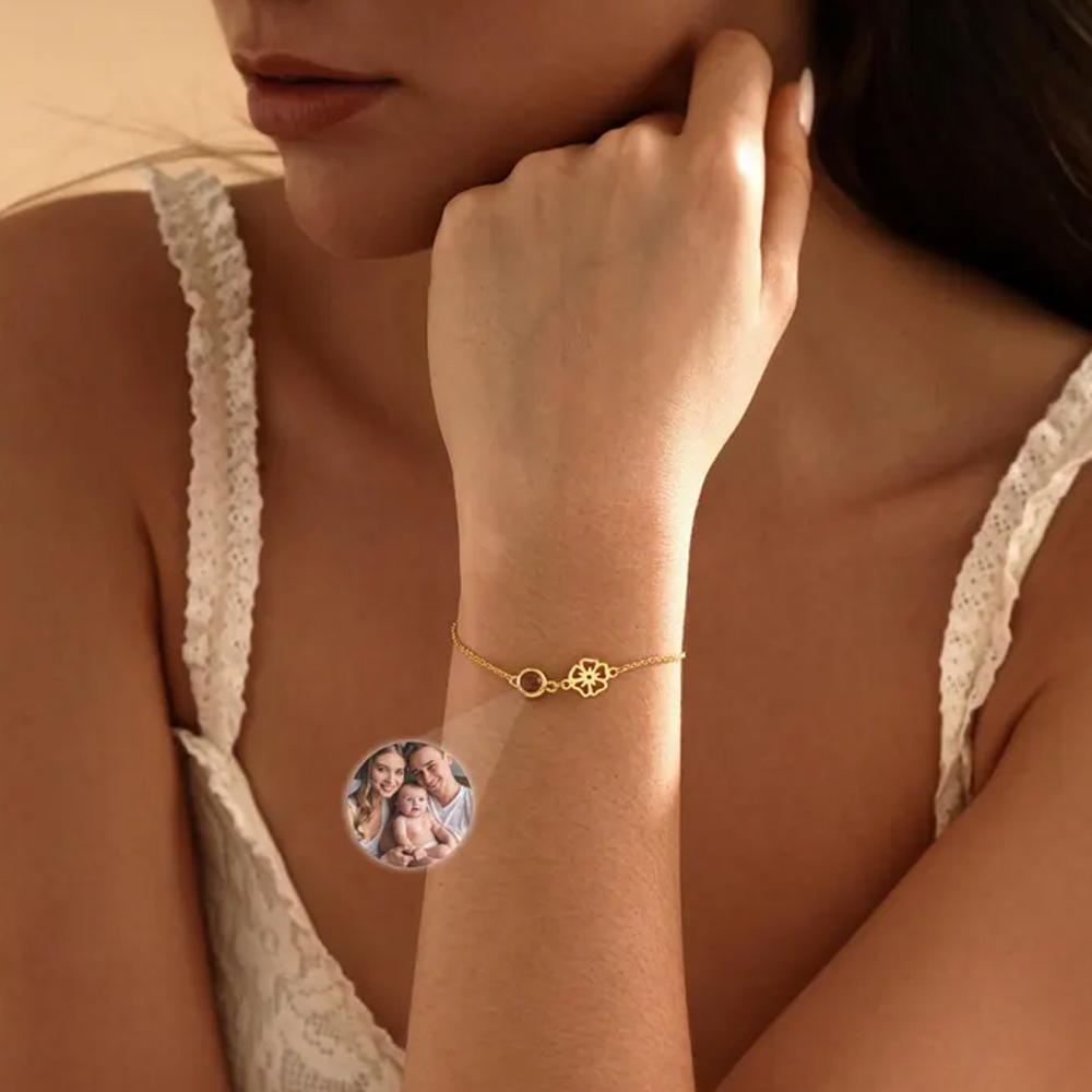 Personligt fotoprojektionsarmband med födelseblomma, sterlingsilver 925, elegant bild inuti armband, födelsedags-/mors dagspresent till mamma/henne