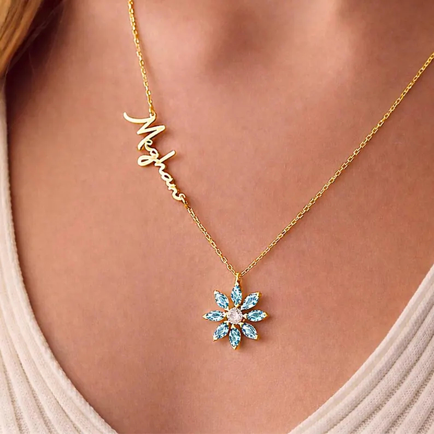 Personalized Birthstone Floral Necklace with Name, Dainty Name Flower Pendant, Jewelry for Women, Birthday/Wedding/Mother's Day Gift for Mom/Wife/Her