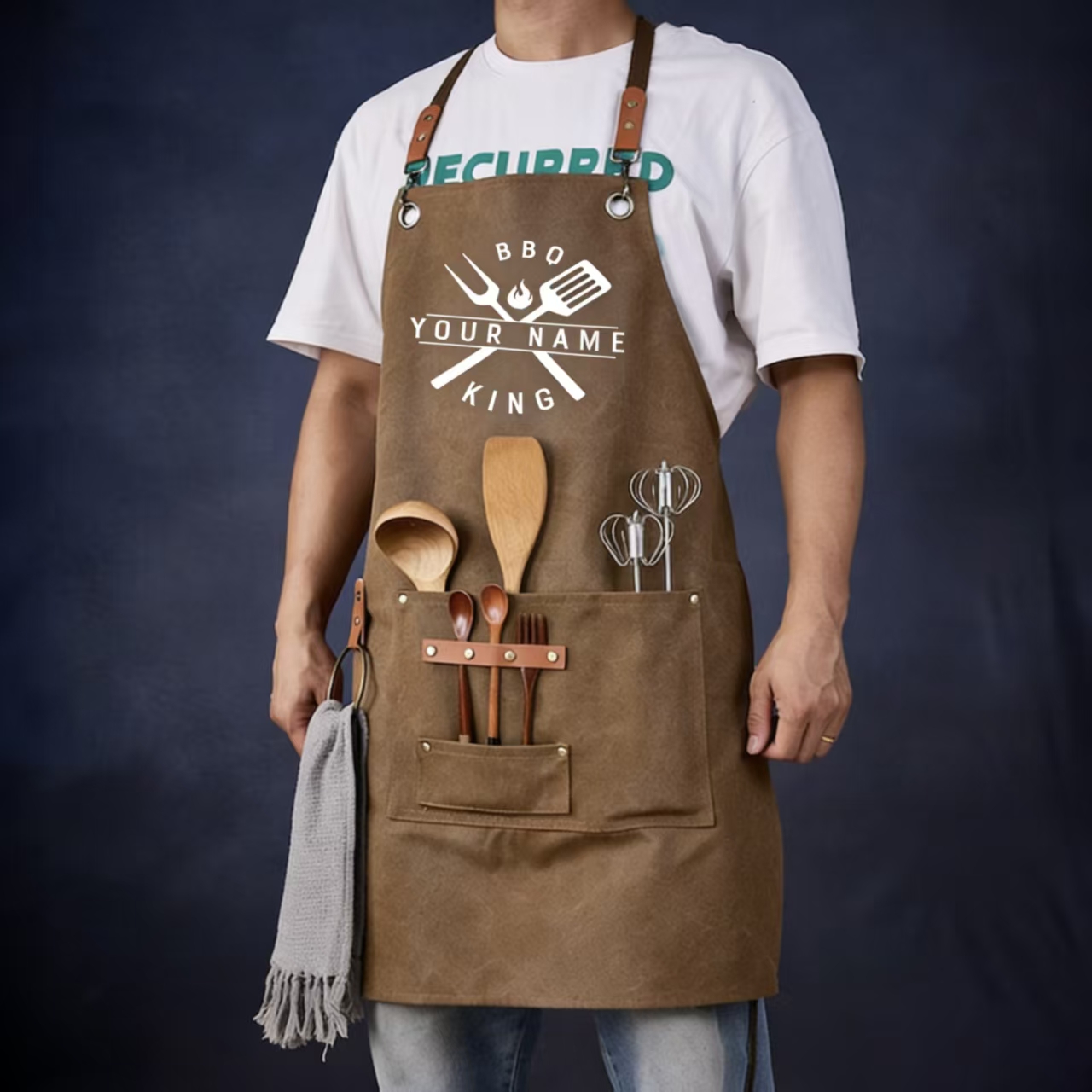 Personalized Embroidered Name BBQ King Apron with Multi-Tool Pockets, Waxed Canvas Apron with Vegan Leather Strap, Grill Gear, Birthday Gift for Him