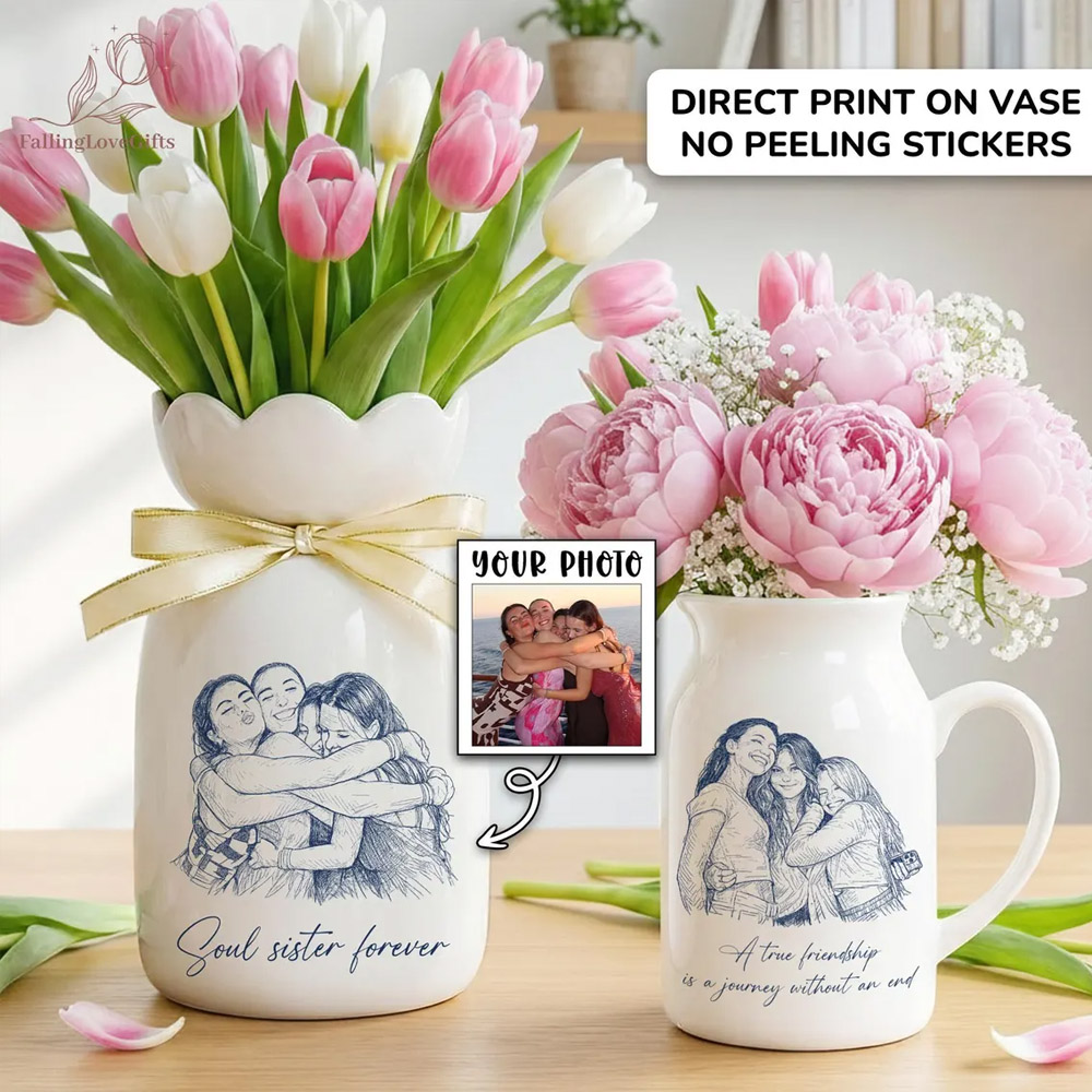 Personalized Besties Photo Ceramic Flower Vase with Text, Floral Ceramic Mug Vase, Friendship Commemorative Decor, Birthday Gift Best Friends/Sis/Her