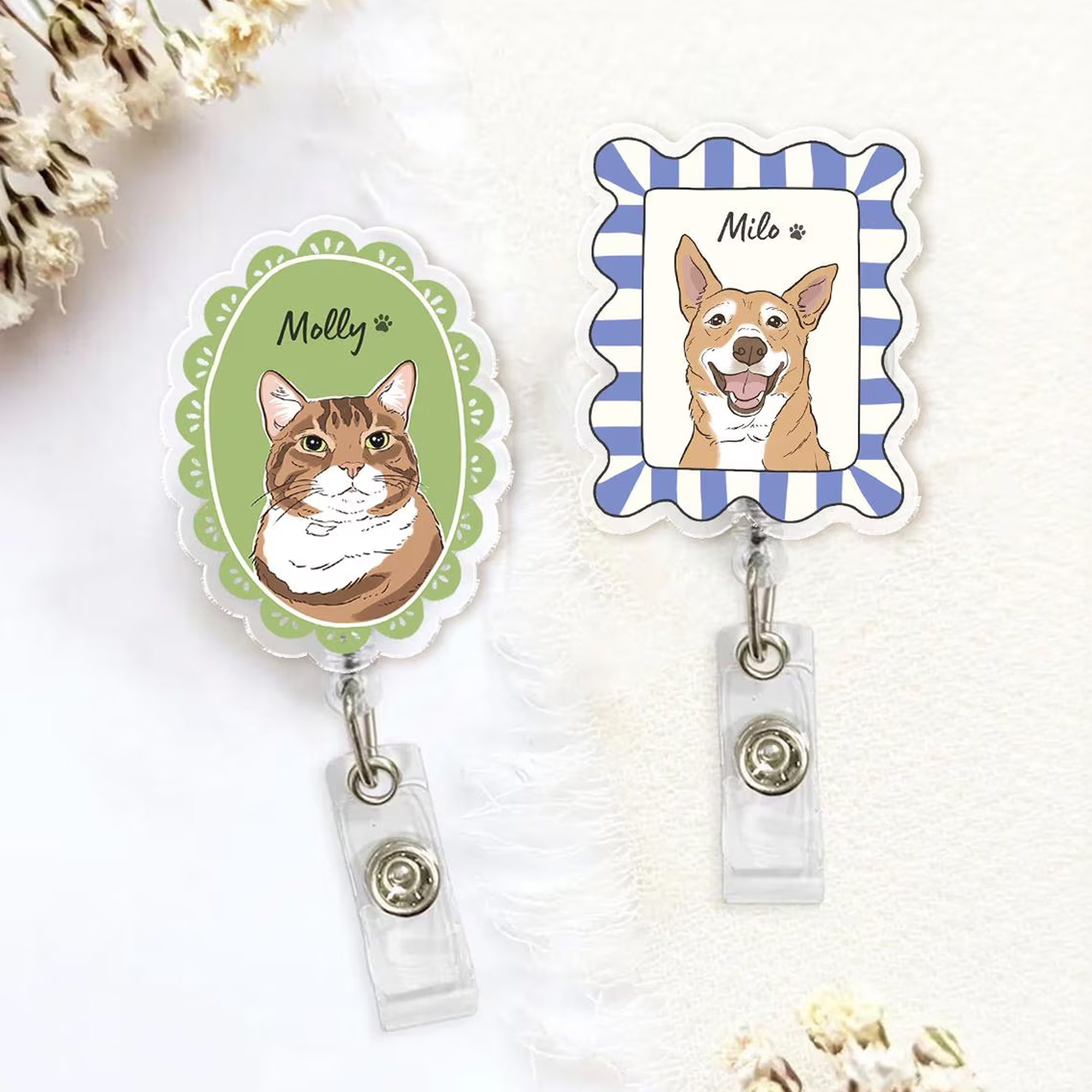 Personalized Pet Photo Badge Reel with Name, Cat/Dog Portrait Retractable ID Holder, Retro Pet Art Badge Clip, Birthday Gift for Teachers/Pet Lovers