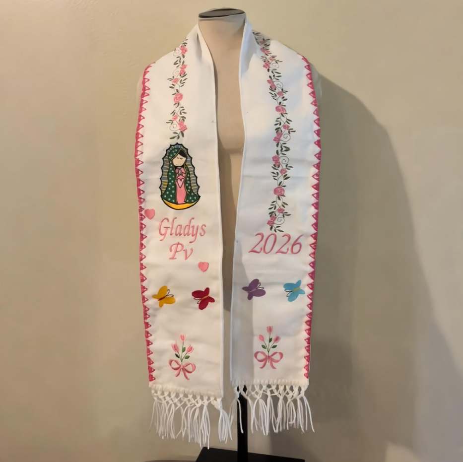 Custom Mexican Graduation Sash Stole 2026, Embroidered Our Lady of Guadalupe, Floral Design