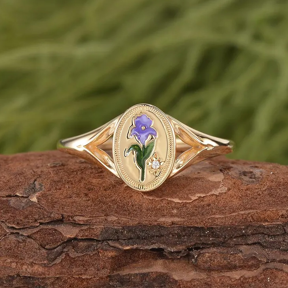 Custom Birth Flower & Birthstone Signet Ring, Vintage Enamel Nature-Inspired Floral Promise Jewelry, Birthday/Mother's Day Gift for Her/Mom/Grandma