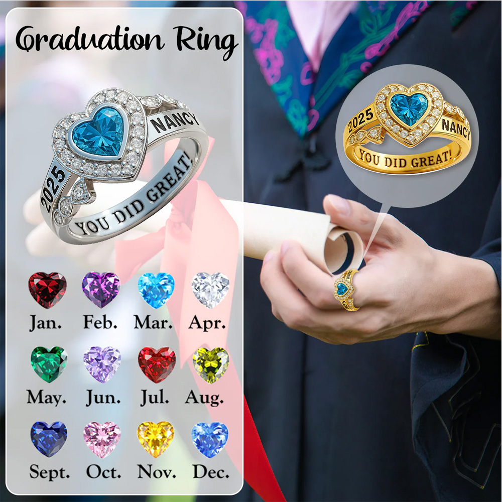 Personalized Engraved Name Graduation Ring with Heart Birthstone, Class of 2026 Graduation Jewelry, High School College Class Ring, Gift for Graduates