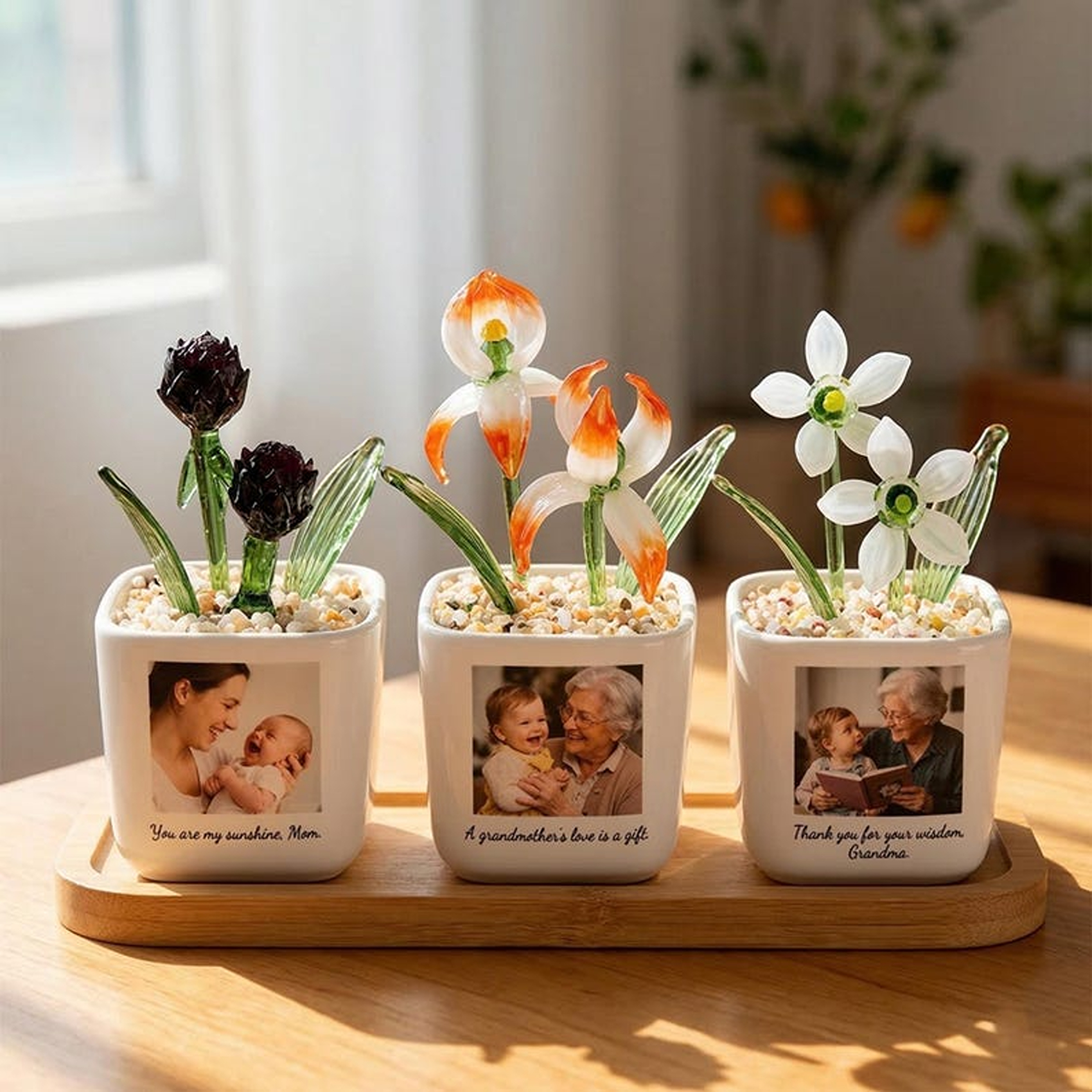 Pot de fleurs en verre personnalisé avec photo et fleurs de naissance, pot coloré avec message pour maman, décoration intérieure, cadeau pour la fête des mères (maman/grand-mère/elle).