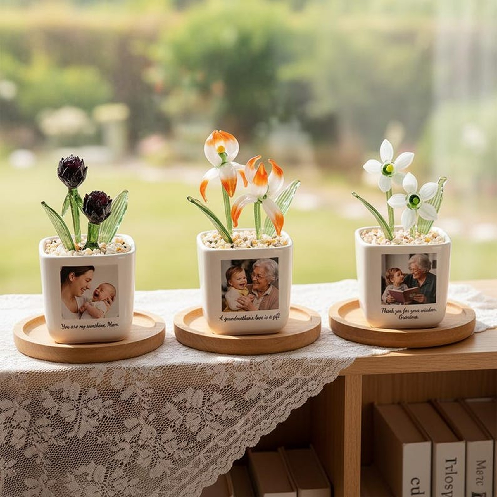 Pot de fleurs en verre personnalisé avec photo et fleurs de naissance, pot coloré avec message pour maman, décoration intérieure, cadeau pour la fête des mères (maman/grand-mère/elle).