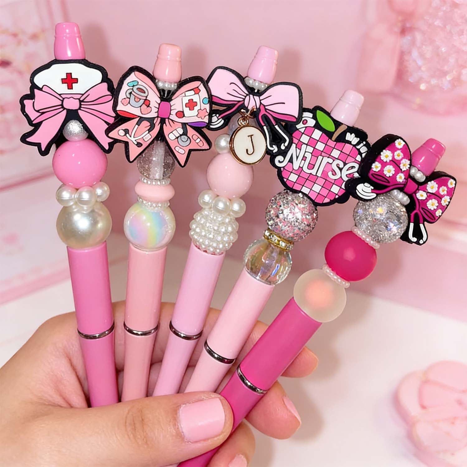 Personalized Nurse 3D Kawaii Beaded Pen with Initial Charm, RN Daily Writing Stationery, Appreciation/Graduation Gift for Nurses/Medical Staff/Her