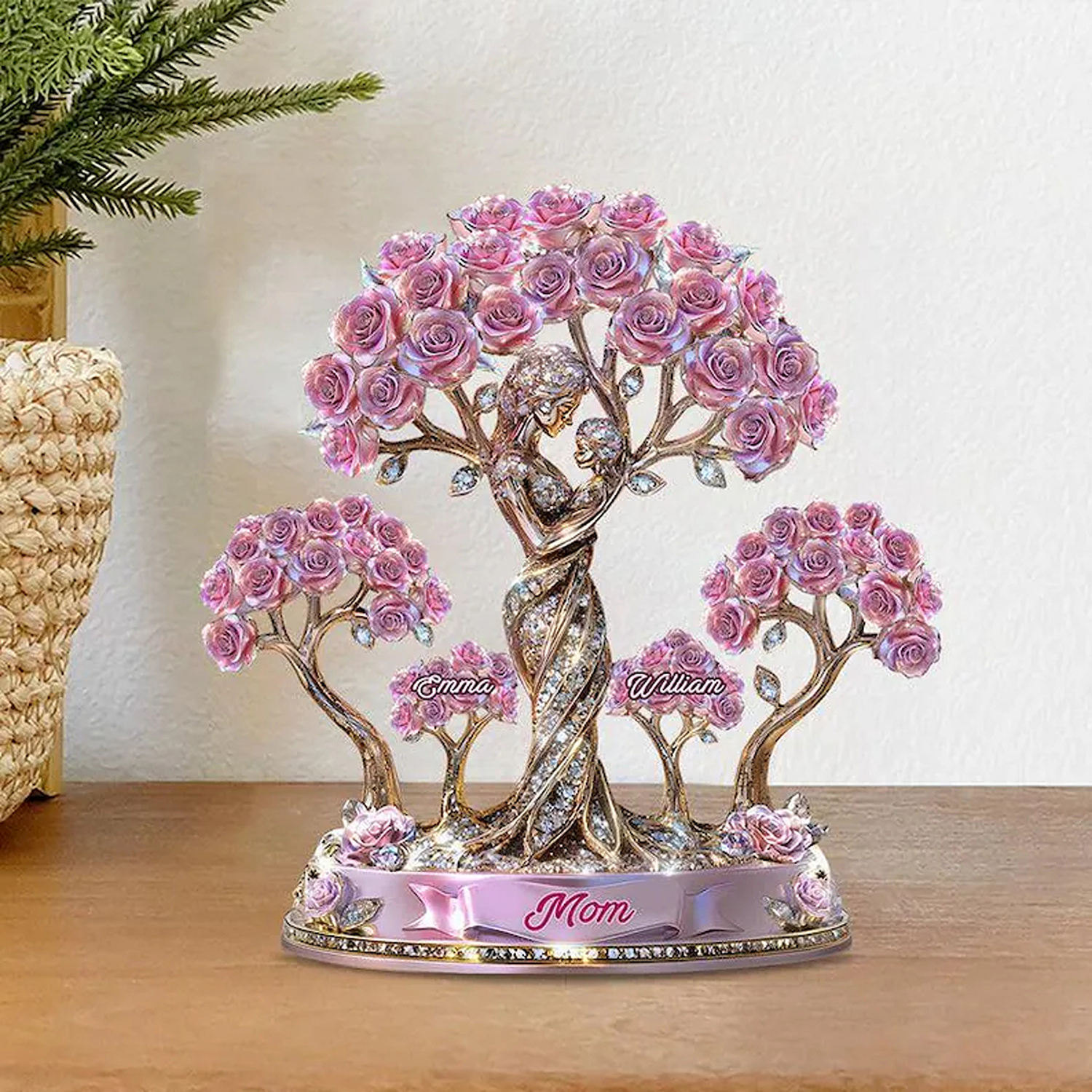 Plaque personnalisée Arbre de Vie Rose Maman et Enfant avec noms, Sculpture acrylique sur la maternité, Souvenir commémoratif, Cadeau Fête des Mères/Anniversaire pour maman/grand-mère/elle