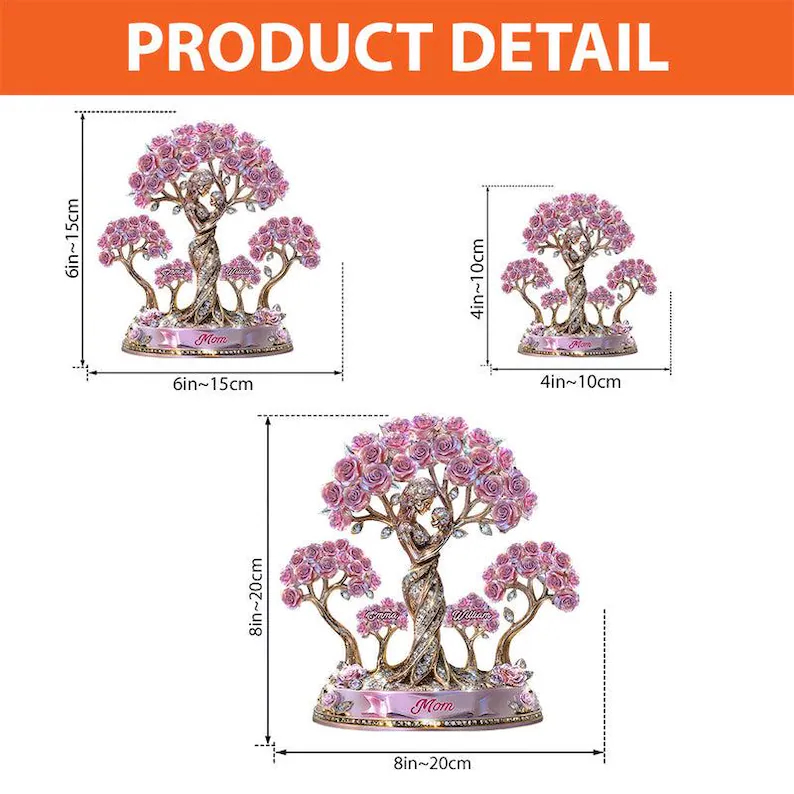Plaque personnalisée Arbre de Vie Rose Maman et Enfant avec noms, Sculpture acrylique sur la maternité, Souvenir commémoratif, Cadeau Fête des Mères/Anniversaire pour maman/grand-mère/elle