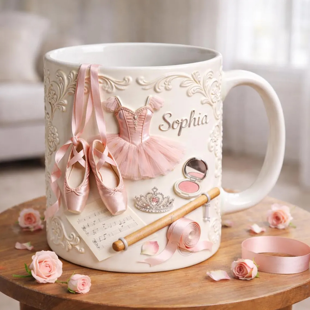 Personalized Ballet Mug, Custom Name Ballerina Coffee Cup, Pink Tutu Dance Gift for Girl
