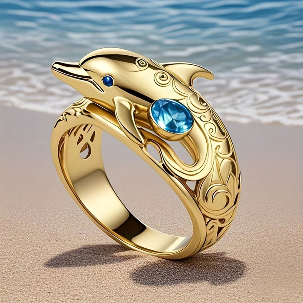 Personalized Dolphin Birthstone Ring for Women, Custom Engraved Name Band, Ocean Inspired Sea Animal Jewelry, Birthday Gift for Her