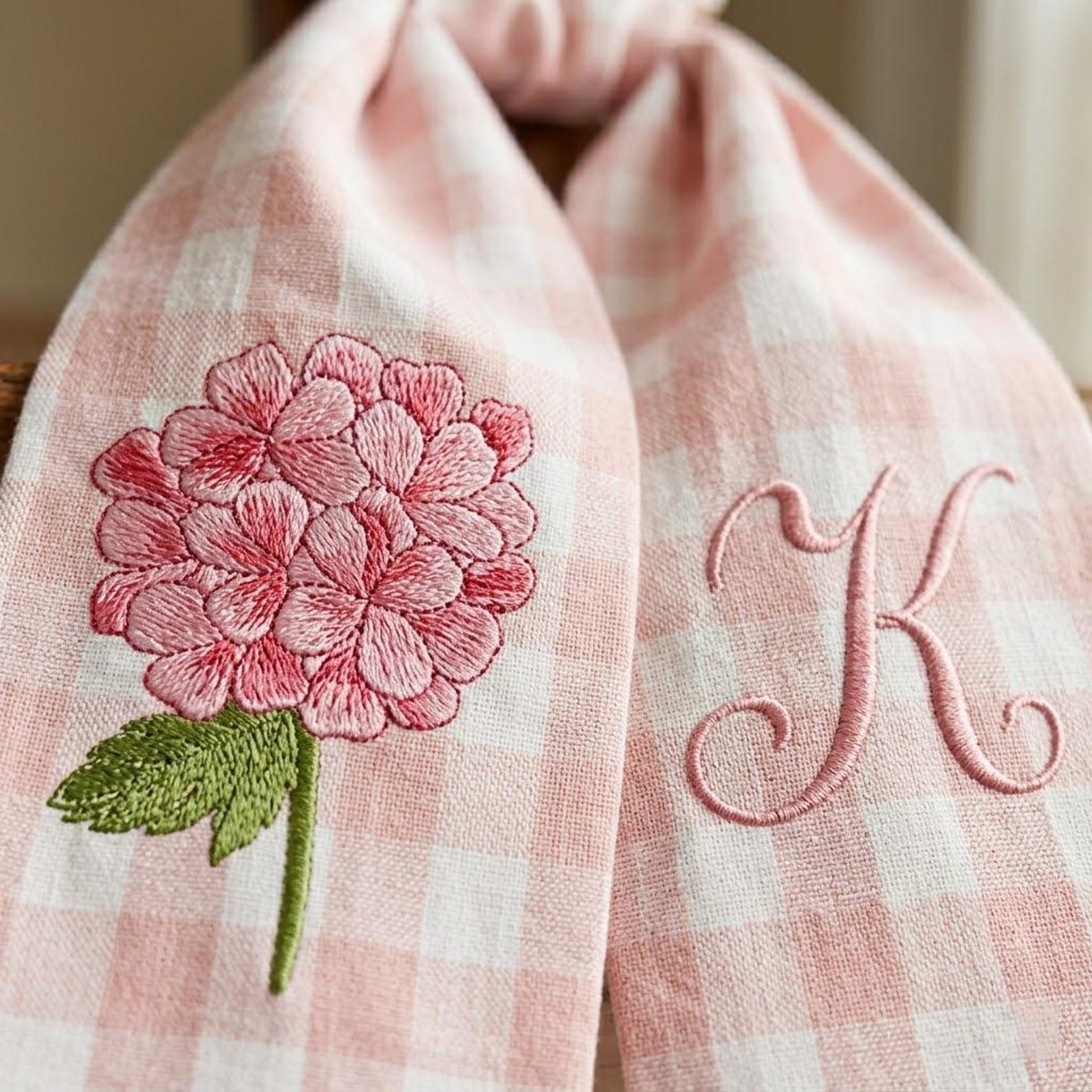 Personalized Embroidered Gingham Floral Wreath Bow Sash, Seasonal Flower Front Door Ribbon with Monogram, Party Decor, Housewarming Gift for Family