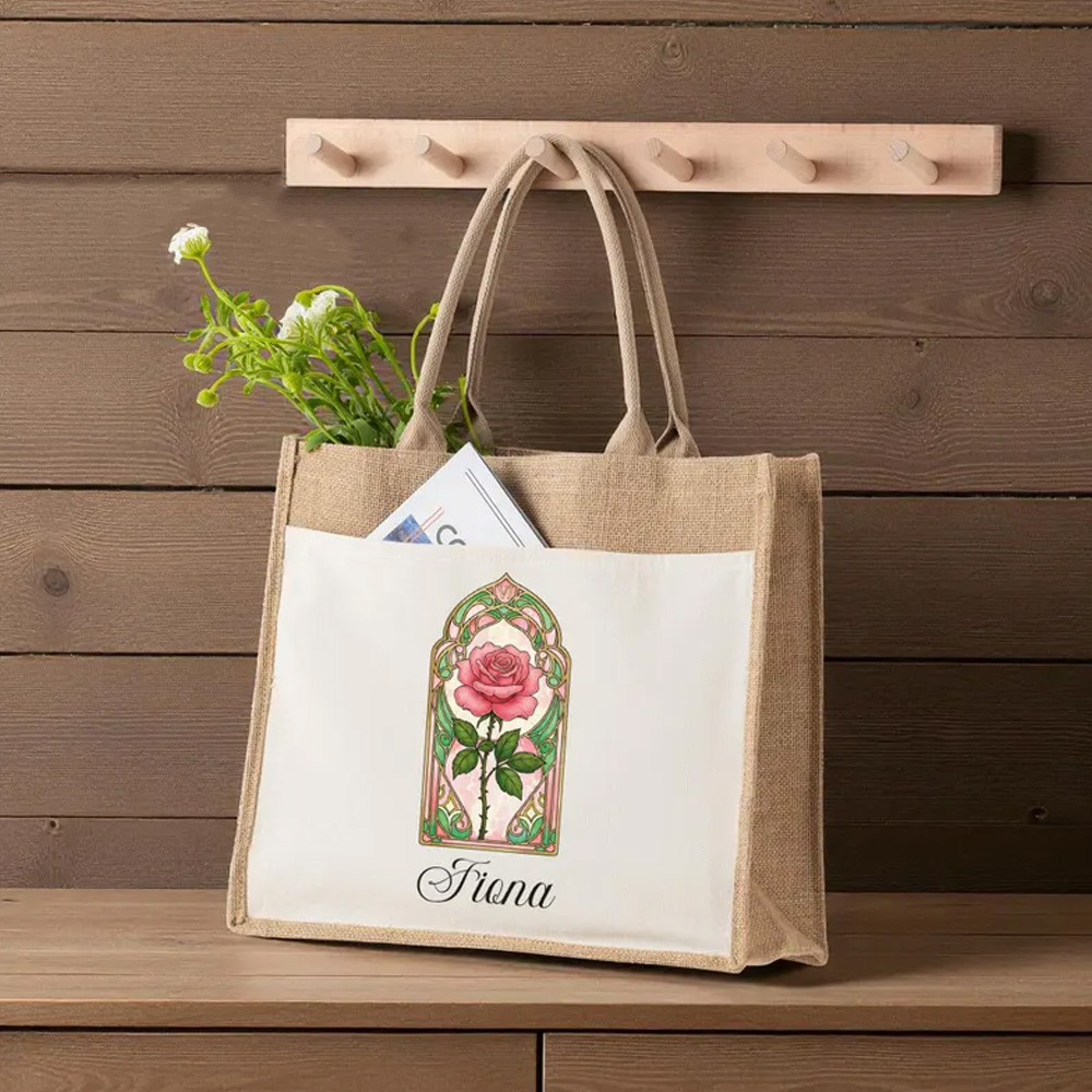 Personalized Birth Flower Stained Glass Design Burlap Tote Bag with Name, Large Capacity Jute Handbag, Birthday/Mother’s Day Gift for Mom/Grandma/Her