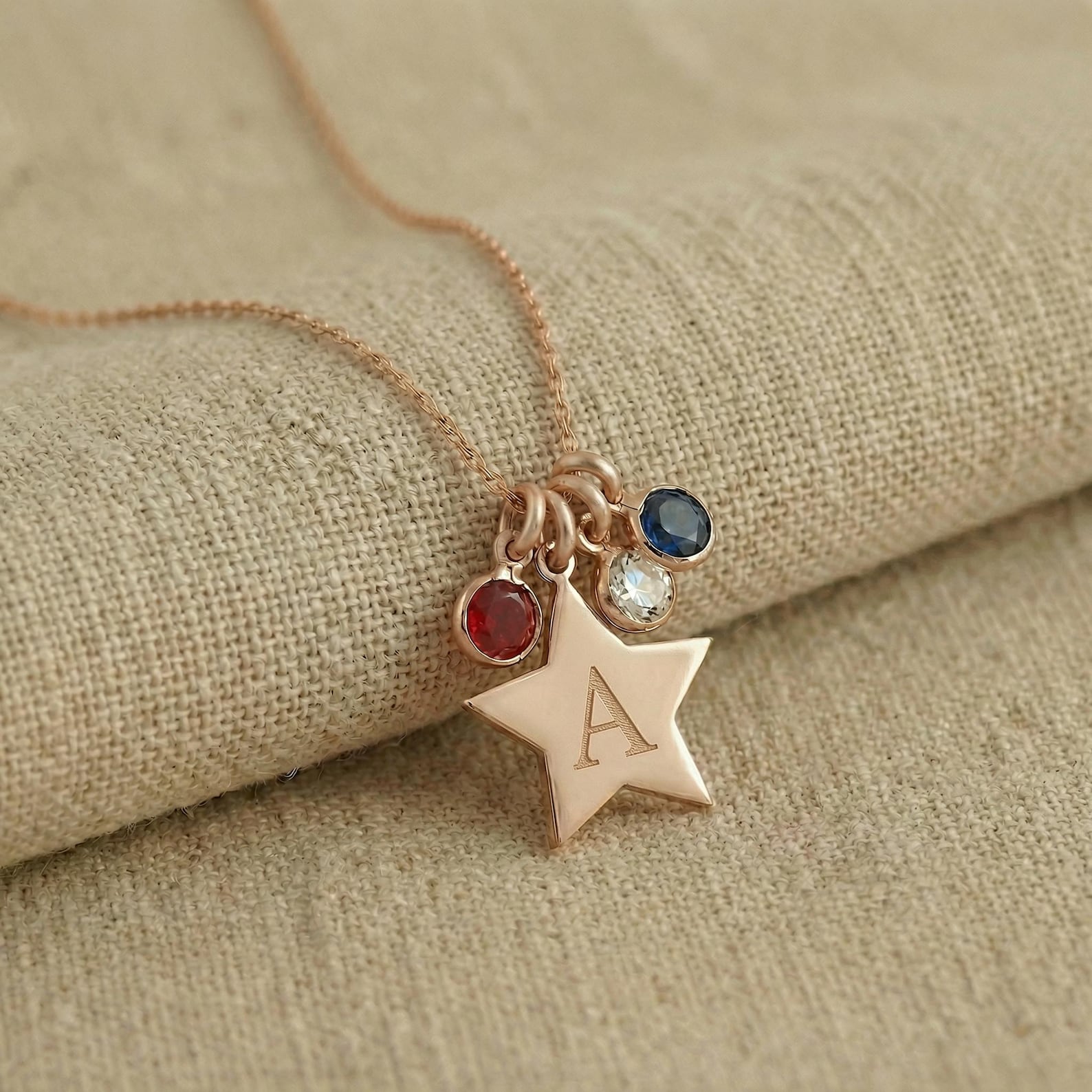 Custom Star Initial Necklace with Red White Blue Birthstones, Sterling Silver 925 4th of July USA 250th Jewelry, Independence Day Gift for Patriots