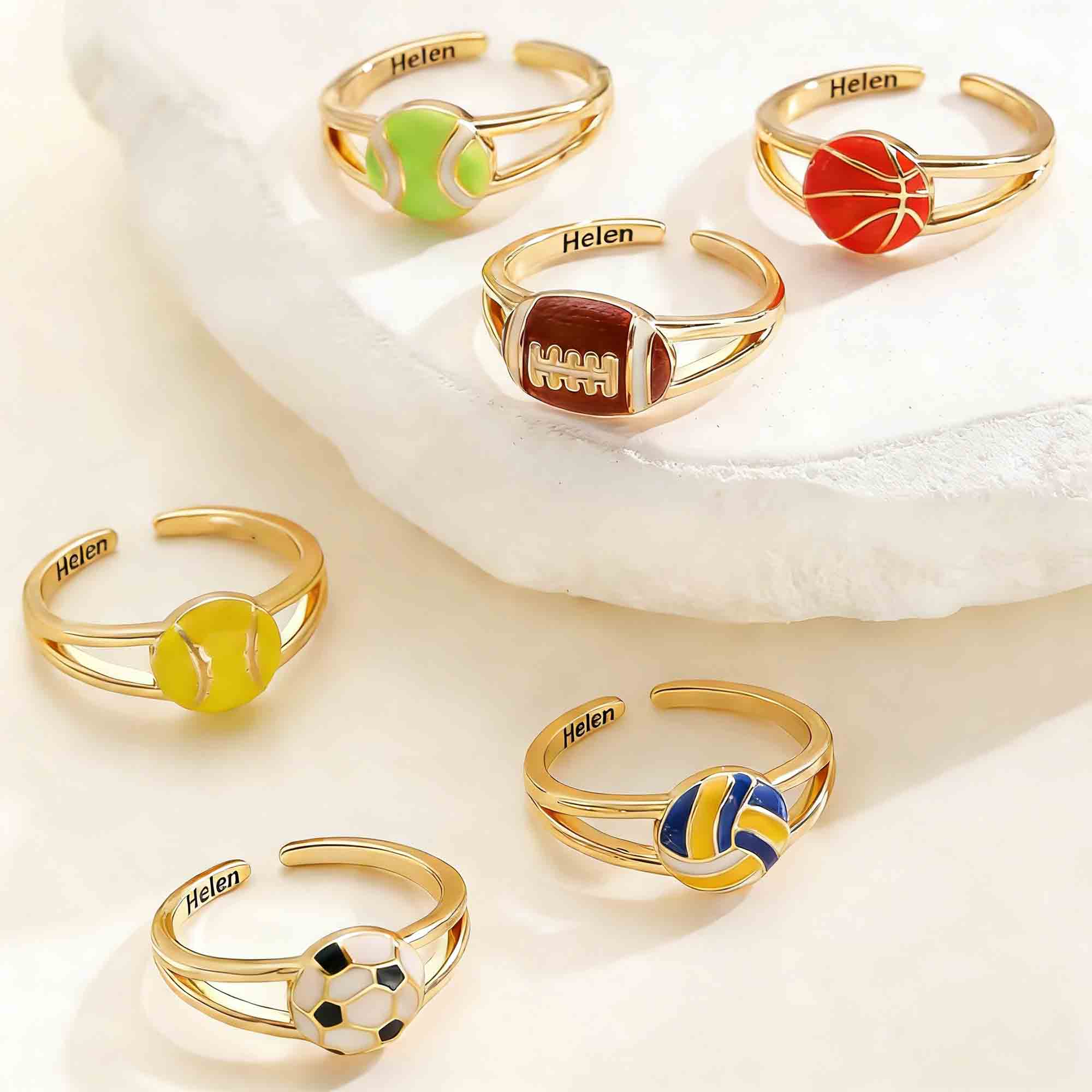 Personalized Retro French Sport Ball Theme Ring with Name, Sterling Silver 925 Dainty Adjustable Ring, Birthday Gift for Athletes/Coaches/Teammates