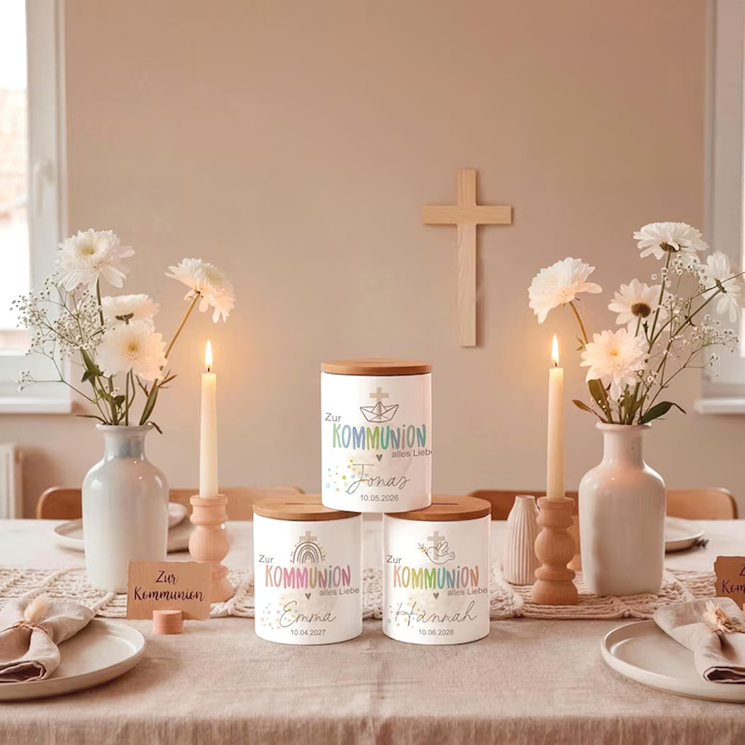 Personalized Communion Money Gift Box with Name & Date, Boho Ceramic Wish Granter with Wooden Lid, Birthday/Baptism Gift for Christian/Catholic Kids