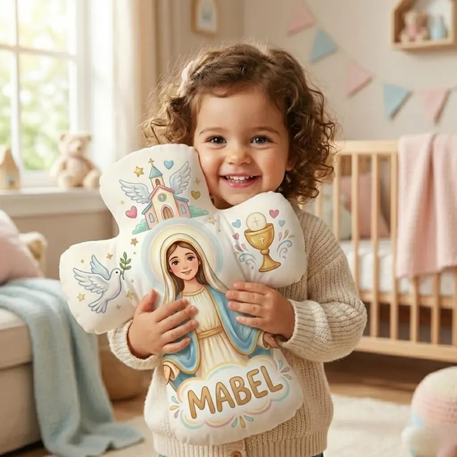 Custom Virgin Mary Communion Cross Pillow with Name, Plush Holy Christian Cushion, Nursery Decor, Birthday/Baptism Gift for Christian/Catholic Kids