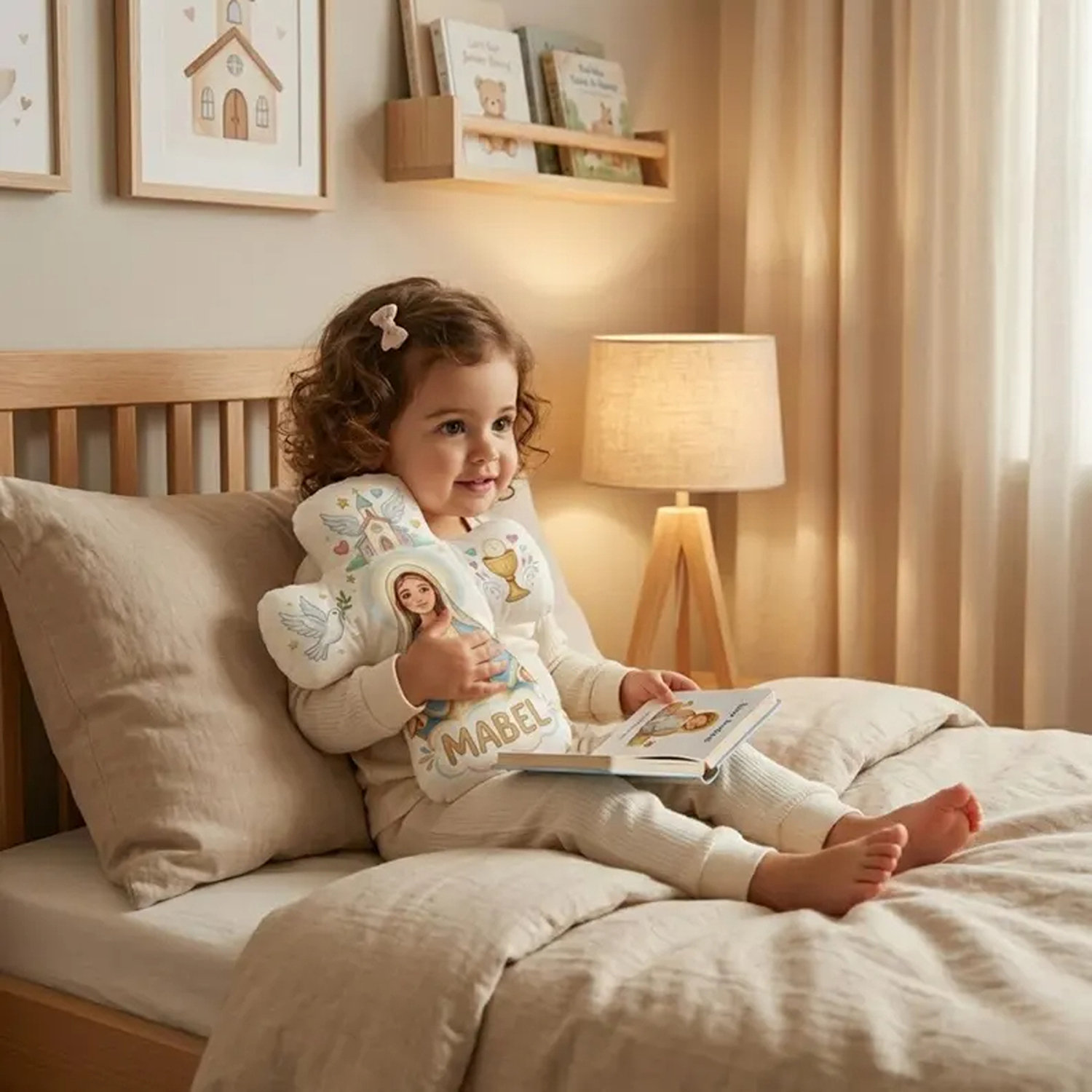 Coussin personnalisé avec croix de communion et prénom, coussin chrétien en peluche, décoration de chambre d'enfant, cadeau d'anniversaire/baptême pour enfants chrétiens/catholiques