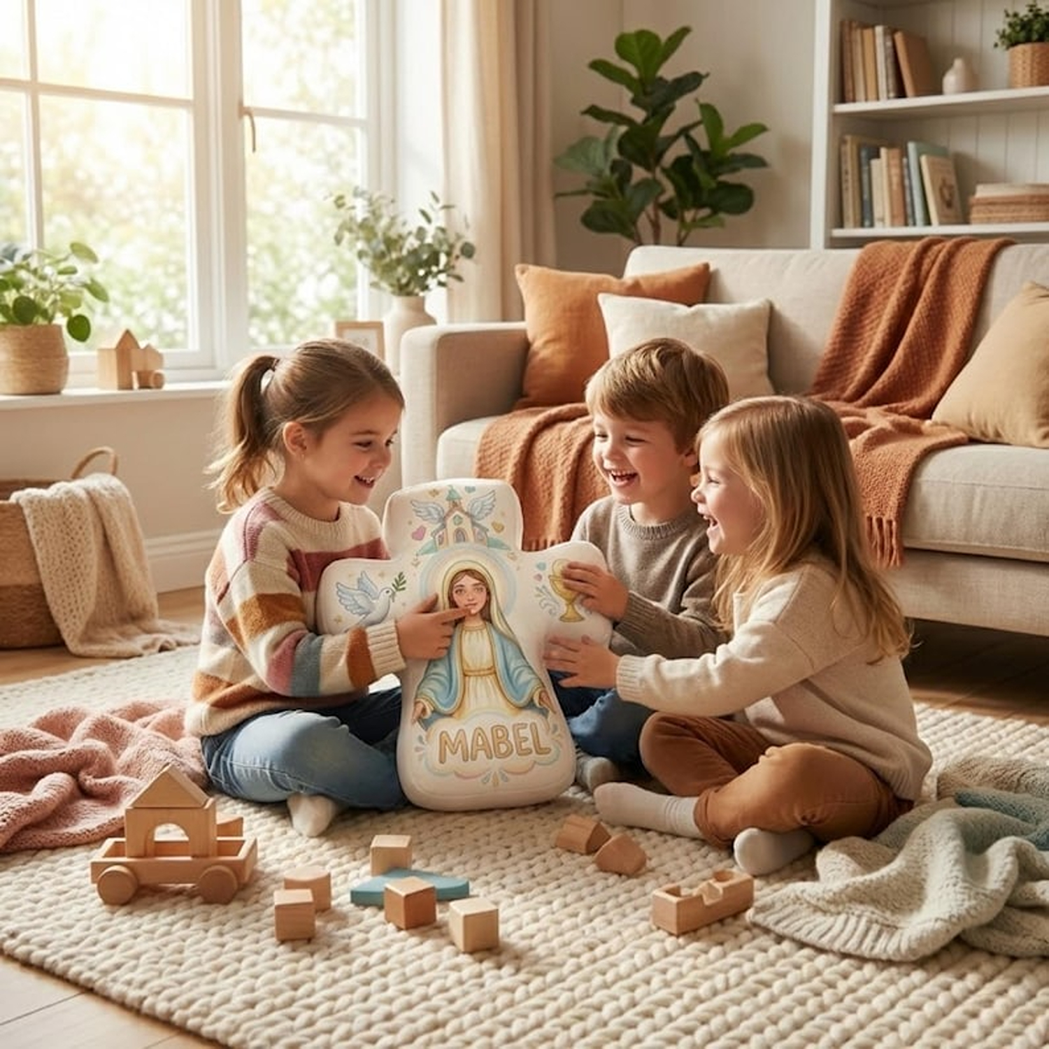 Coussin personnalisé avec croix de communion et prénom, coussin chrétien en peluche, décoration de chambre d'enfant, cadeau d'anniversaire/baptême pour enfants chrétiens/catholiques