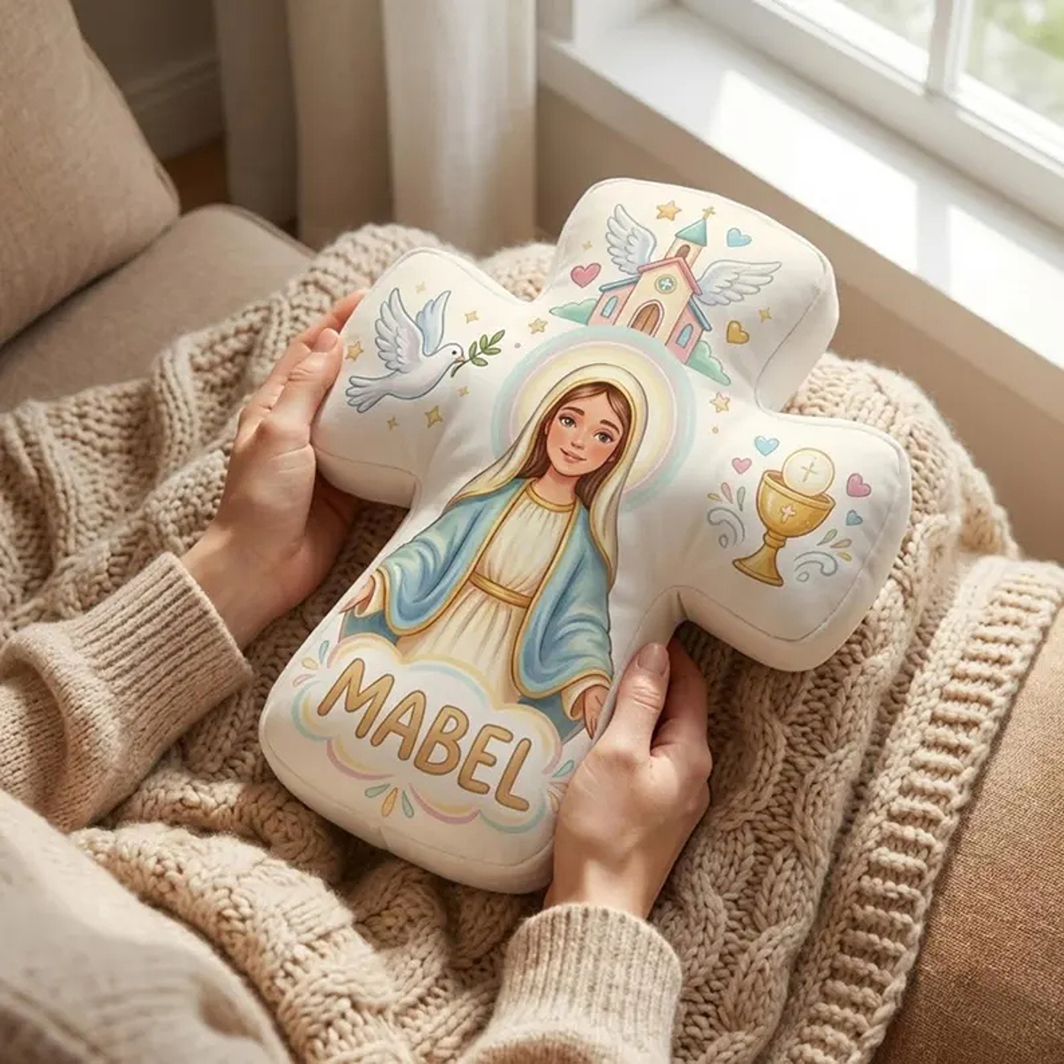 Coussin personnalisé avec croix de communion et prénom, coussin chrétien en peluche, décoration de chambre d'enfant, cadeau d'anniversaire/baptême pour enfants chrétiens/catholiques