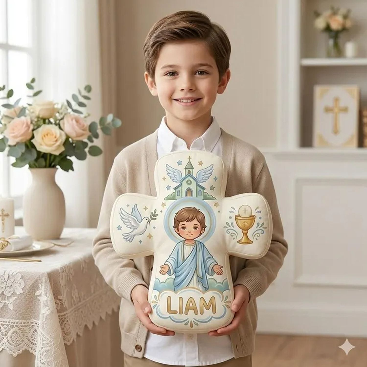Coussin personnalisé avec croix de communion et prénom, coussin chrétien en peluche, décoration de chambre d'enfant, cadeau d'anniversaire/baptême pour enfants chrétiens/catholiques