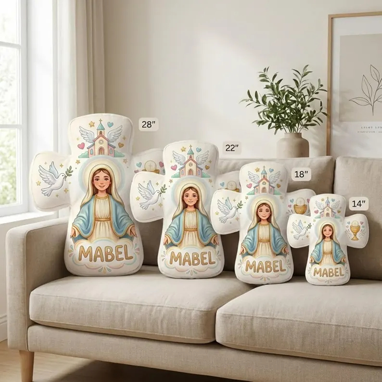 Coussin personnalisé avec croix de communion et prénom, coussin chrétien en peluche, décoration de chambre d'enfant, cadeau d'anniversaire/baptême pour enfants chrétiens/catholiques