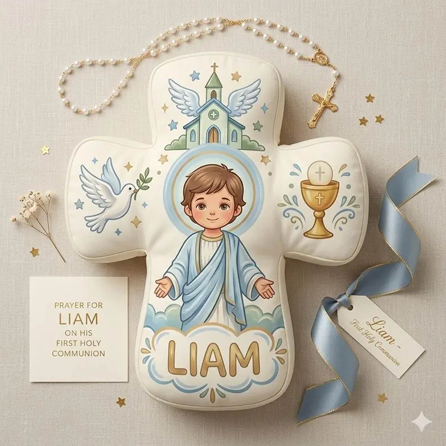 Coussin personnalisé avec croix de communion et prénom, coussin chrétien en peluche, décoration de chambre d'enfant, cadeau d'anniversaire/baptême pour enfants chrétiens/catholiques