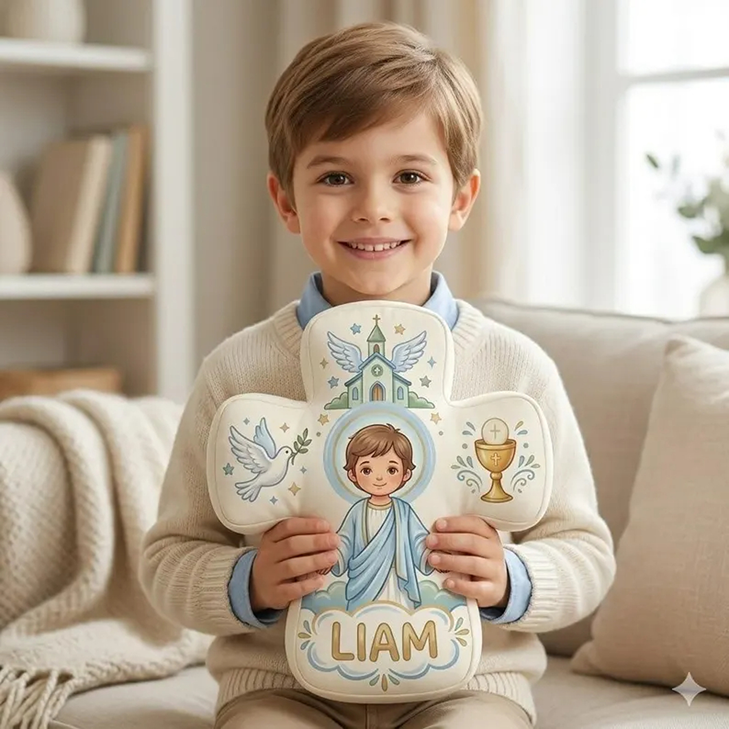 Coussin personnalisé avec croix de communion et prénom, coussin chrétien en peluche, décoration de chambre d'enfant, cadeau d'anniversaire/baptême pour enfants chrétiens/catholiques