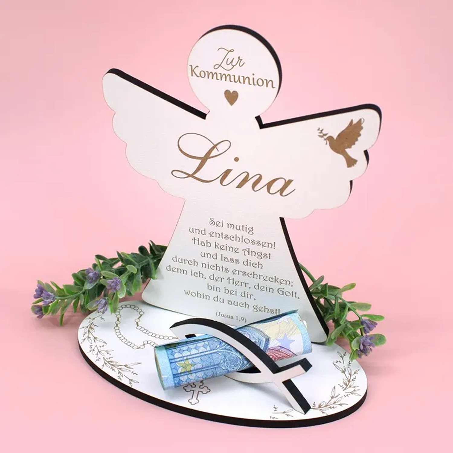 Personalized First Communion Angel Money Gift with Name, Wooden Christian Cash Holder, Home Decor, Birthday/Baptism Gift for Christian/Catholic Kids