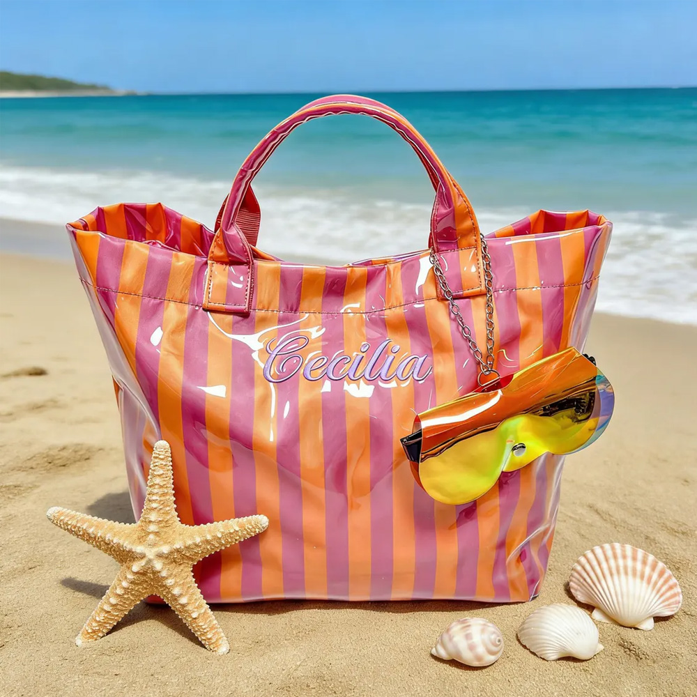 Custom Embroidered Striped Waterproof Beach Tote, PVC Reusable Handbag, Summer Vacation Travel Bag, Bachelorette Party Favor, Gift for Besties/Girls