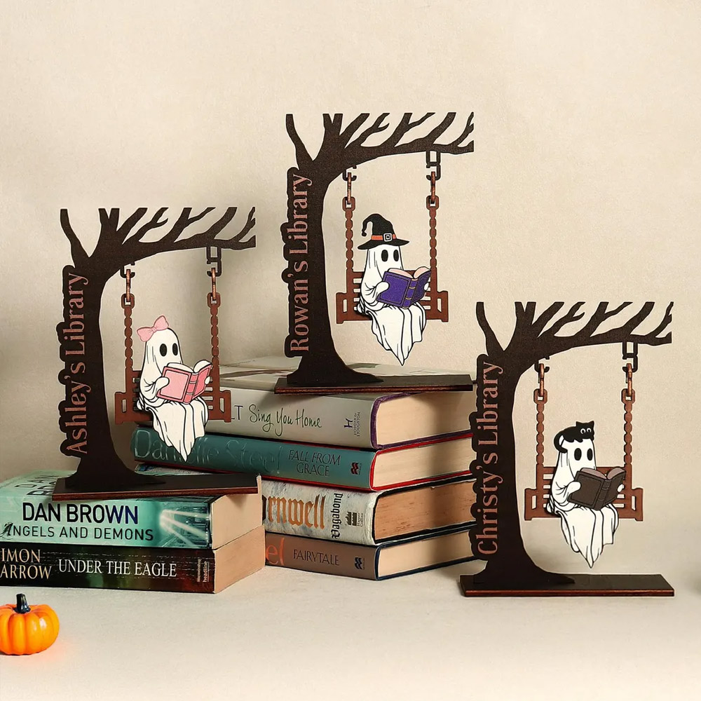 Personalized Chilling Ghost On Swing Bookend with Name, Wooden Cute Reading Ghost Decor, Library Sign, Halloween Decor, Gift for Book Lovers/Readers