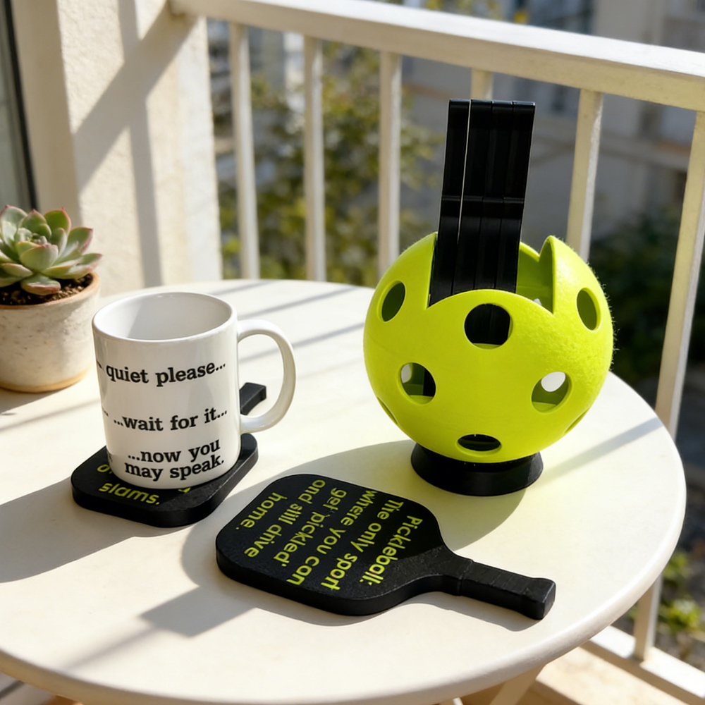 Personalized 3D Printed Pickleball Paddle Coaster Set with Holder, Multicolor Insulated Non-slip Coasters, Birthday Gift for Pickleball Lovers/Players