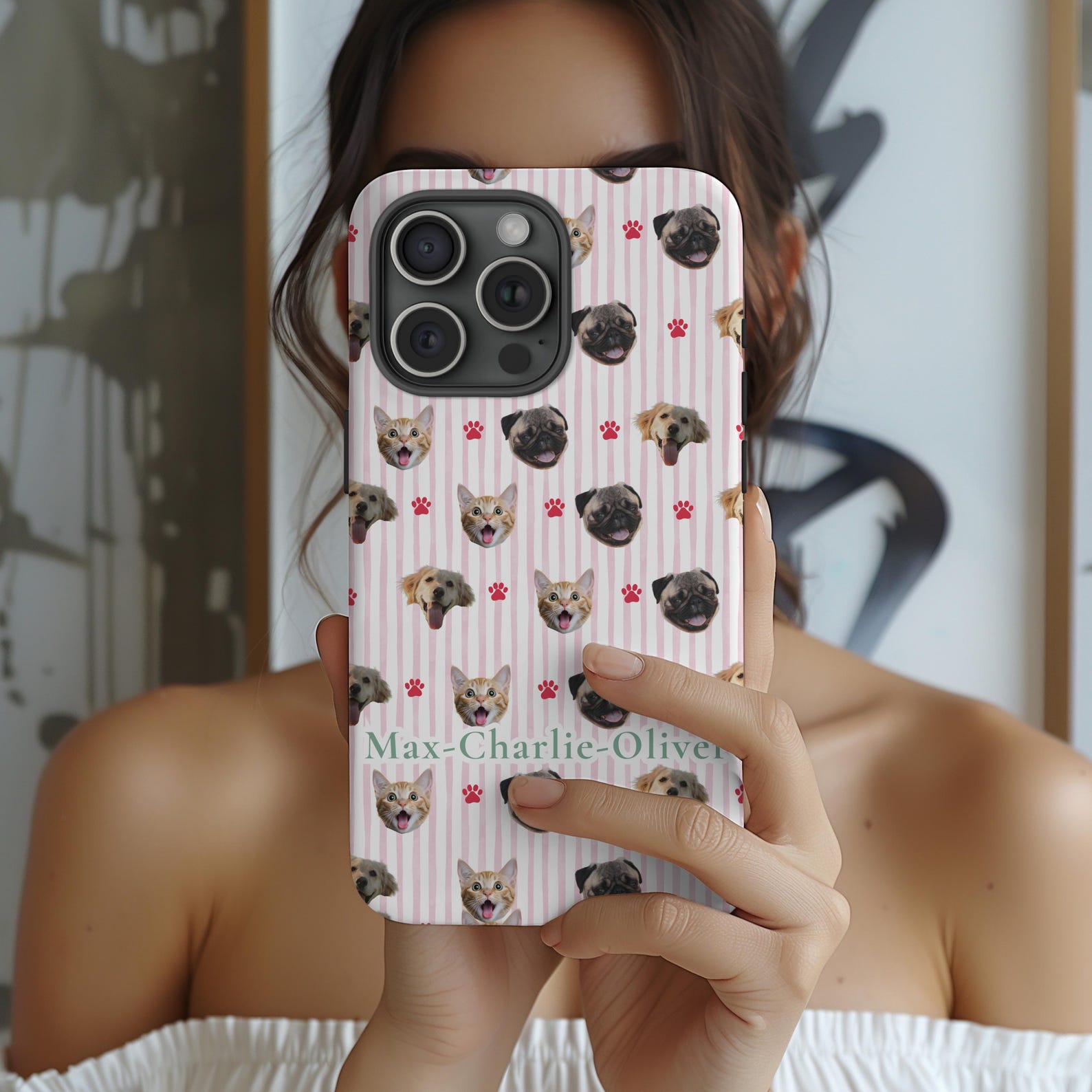 Custom Pet Portrait Paw Print Stripes iPhone Case with Name, 1-3 Cat/Dog Faces Slim iPhone Cover, Birthday/Anniversary Gift for Pet Owners/Lovers