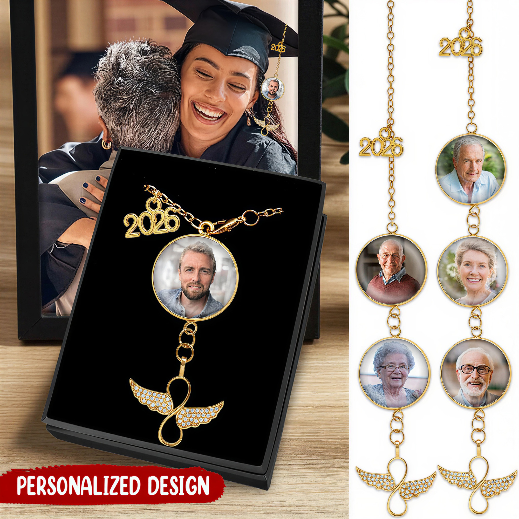 Personalized Angel Wings Graduation Cap Photos Charm, Class of 2026 Bachelor Cap Tassel Hanging Ornament, Memorial Keepsake, Gift for Graduates